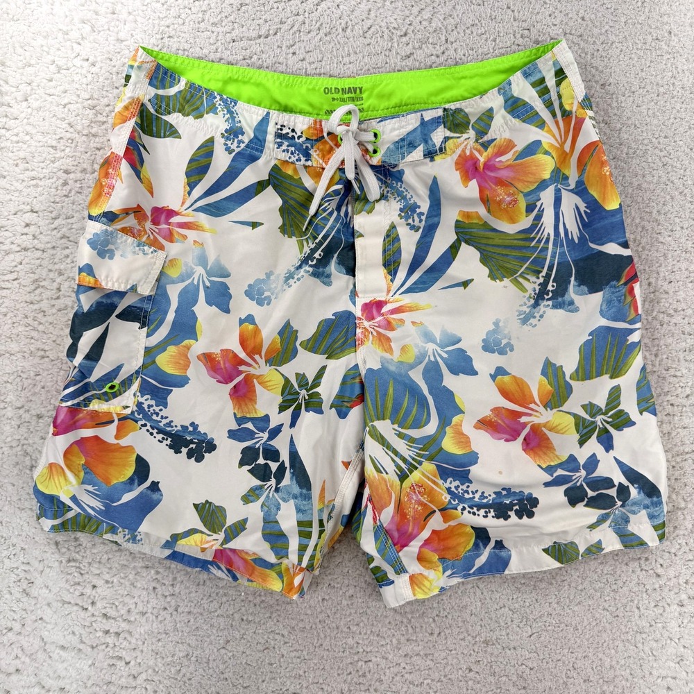 Old Navy Board Shorts Mens 2XL Hawaiian Floral Mesh Lined Quick Dry Beach White